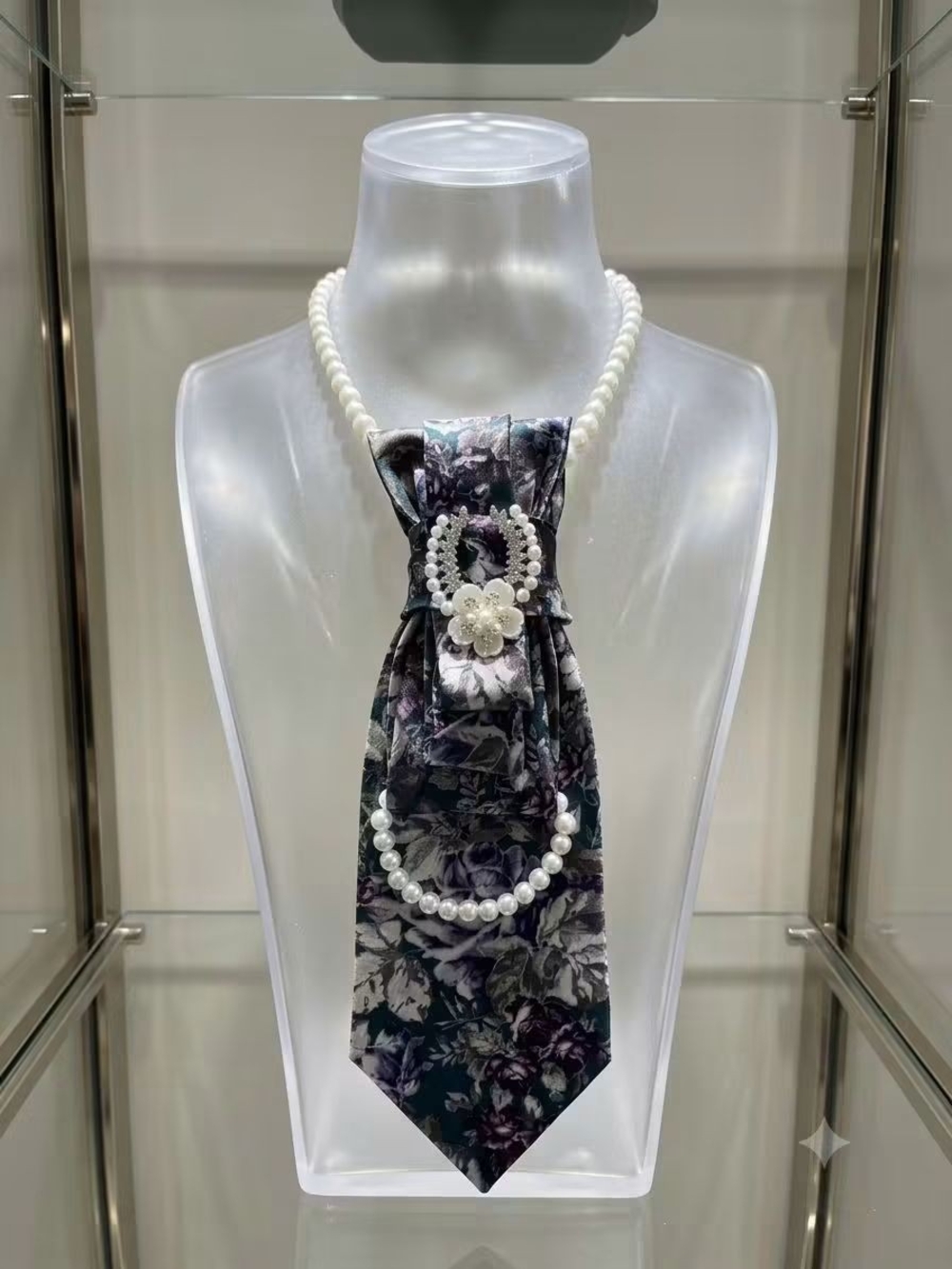Pearl Necklace with Floral Black-Green Satin Scarf Accent